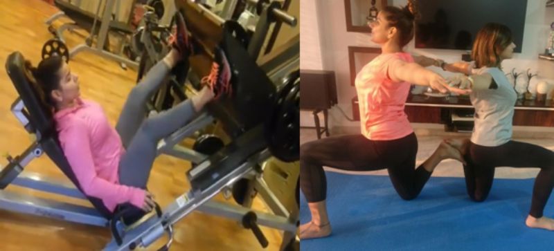 Madhu Sharma inside a gym and doing Yoga