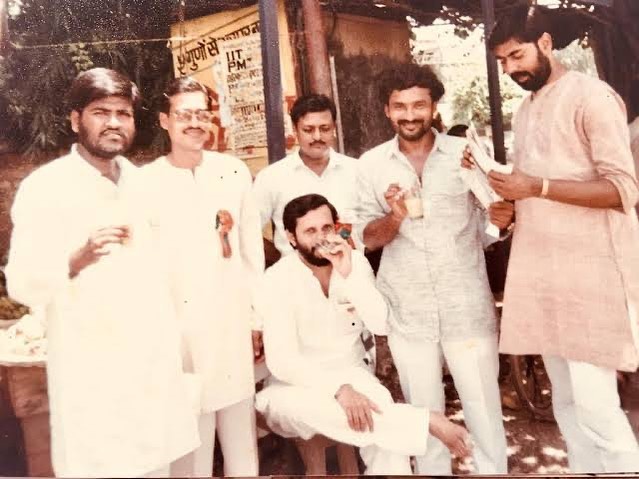 A picture from 1981 showing Twenty-one years old Prahlad Singh Patel with his ABVP colleagues Prakash Javadekar, Gangapuram Kishan Reddy, and others