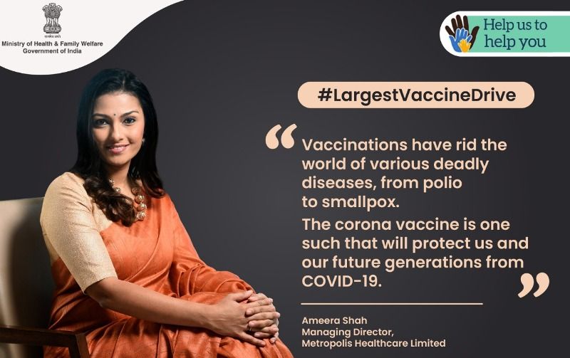 Ameera Shah while promoting COVID-19 vaccination campaign through Metropolis Group