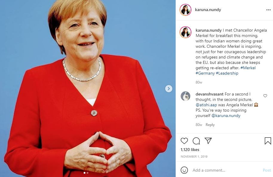 Karuna's Instagram post when she met Chancellor Angela Merkel in 2019