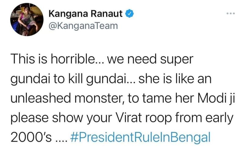 Kangana Ranaut's tweet over the violence in West Bengal