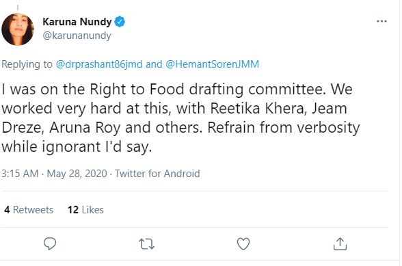 Instagram post of Karuna when she was on Right to Food drafting committee, 2020