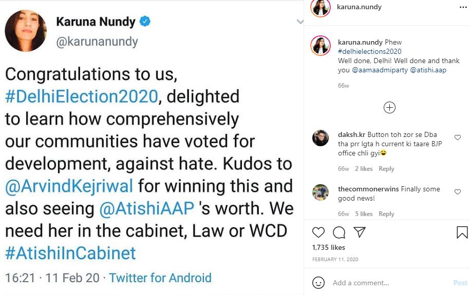 Karuna's Instagram post supporting AAP's victory in Delhi, 2020