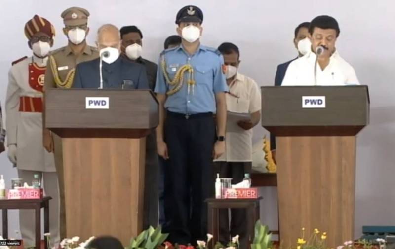 M K Stalin taking the oath as the Chief Minister of Tamil Nadu