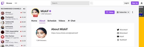Mizkif's Twitch profile