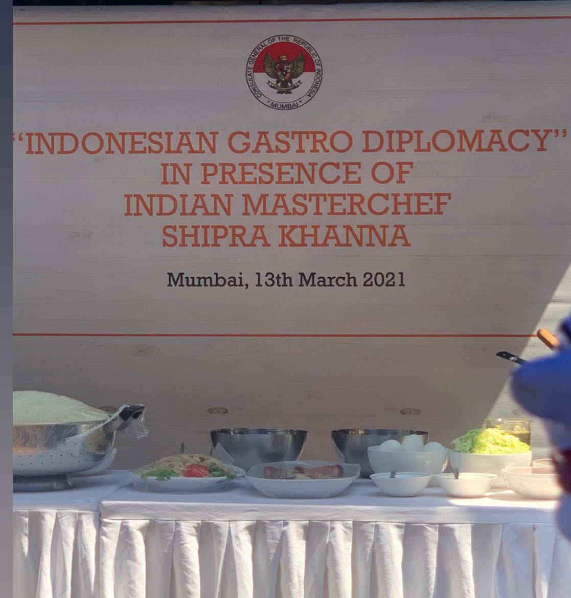 Name Shipra Khanna on a banner at Indonesian Gastro Diplomacy in March 2021