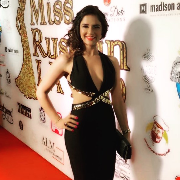 Shipra Khanna posing at the Miss Russian LA pageant in 2019