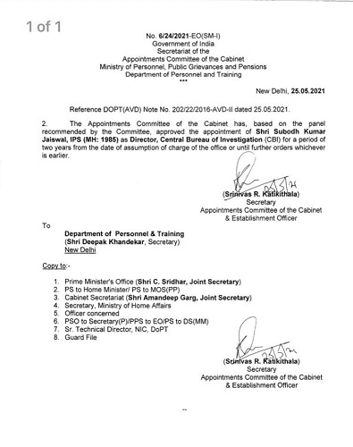 Subodh Kumar Jaiswal's order letter as the CBI Director 2021