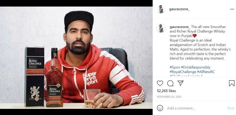 Gaurav Sharma promoting an alcohol brand on his Instagram post