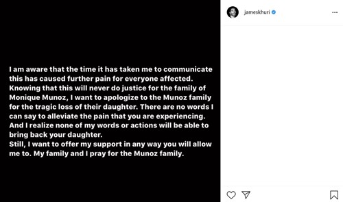 James Khuri's Instagram public apology post