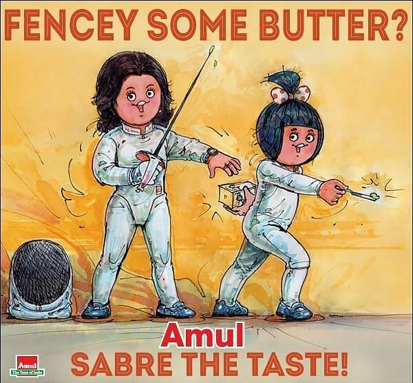 Amul India's cartoon picture in a newspaper as a dedication to Bhavani on her selection in Olympics