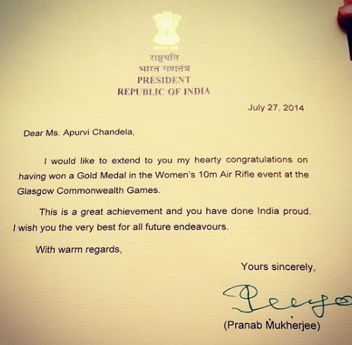 Apurvi Chandela's Letter of Appreciation by the former President of India Pranab Mukherjee in 2014