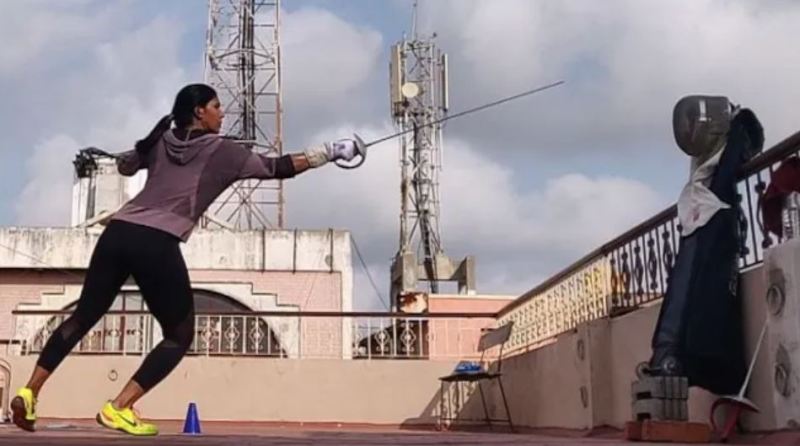 Bhavani Devi training on the terrace of her house during the nation-wide lockdown due to the coronavirus pandemic in 2020