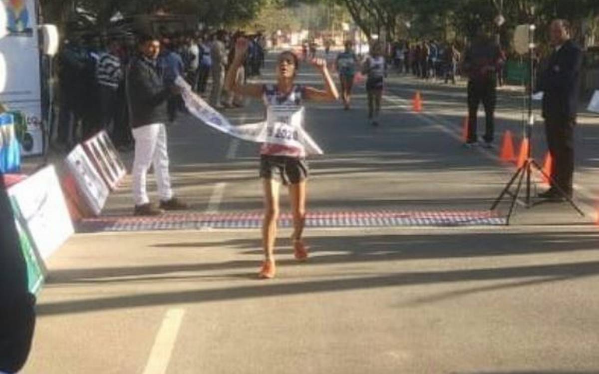 Bhawna Jat after reaching the finish line and qualifying for the Tokyo Olympics 2020