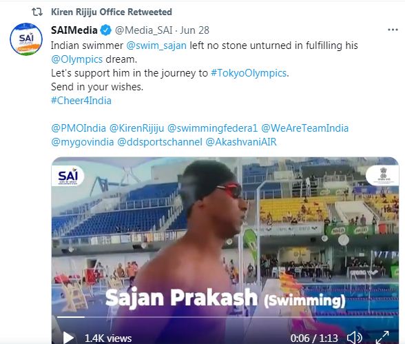 Indian Sports Minister;s tweet for Sajan Prakash
