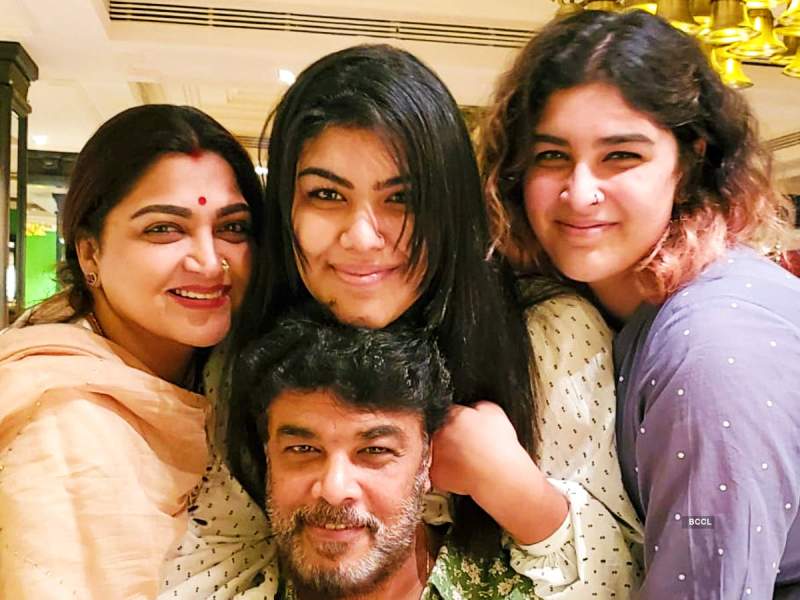 Khushbu Sundar with her husband and daughters