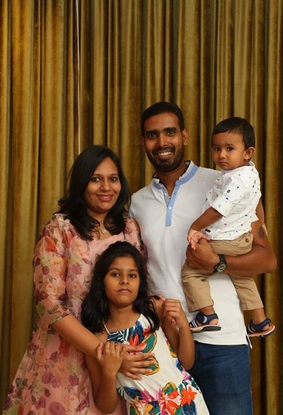 Sharath Kamal with his wife, Sripoorni and his children