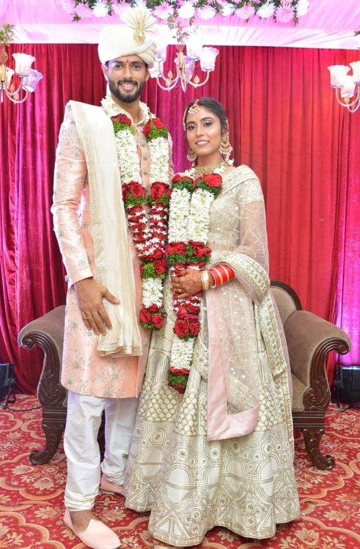 Shivam Dube with his wife Anjum Khan on their wedding day