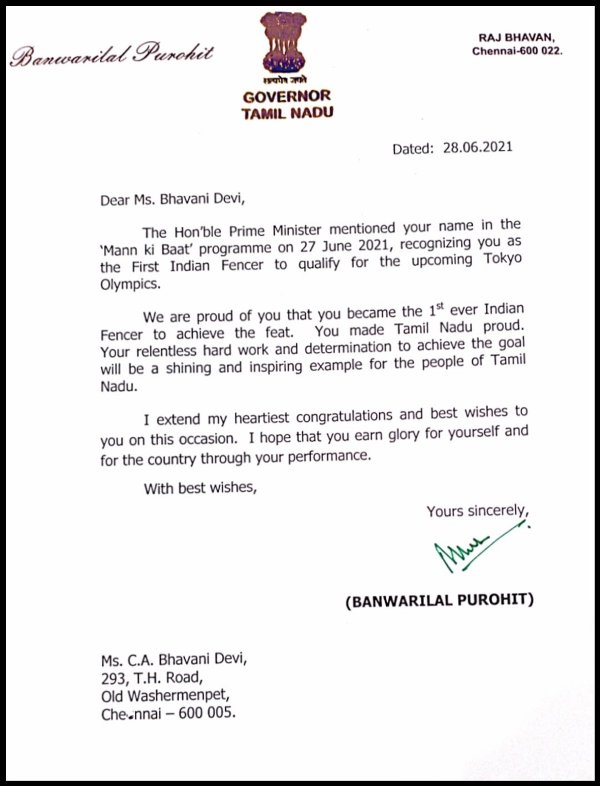 Shri Banwarilal Purohit Sir, Hon'ble Governor of Tamil Nadu gave his appreciation to Bhavani Devi