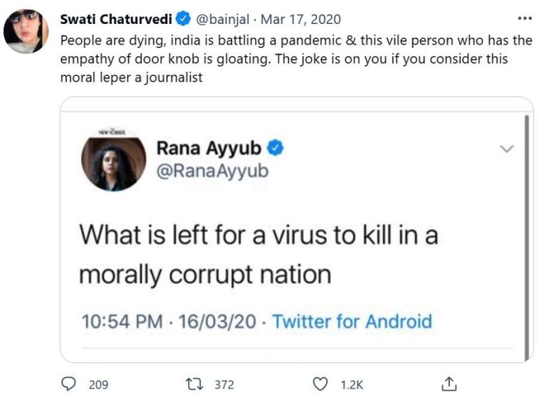 Swati Chaturvedi lashing out at Rana Ayyub on Twitter