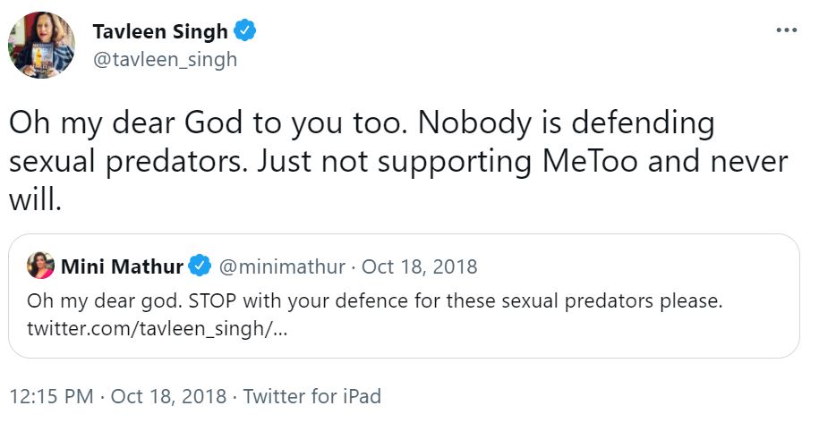 Tavleen Singh defending her comments against the #MeToo movement