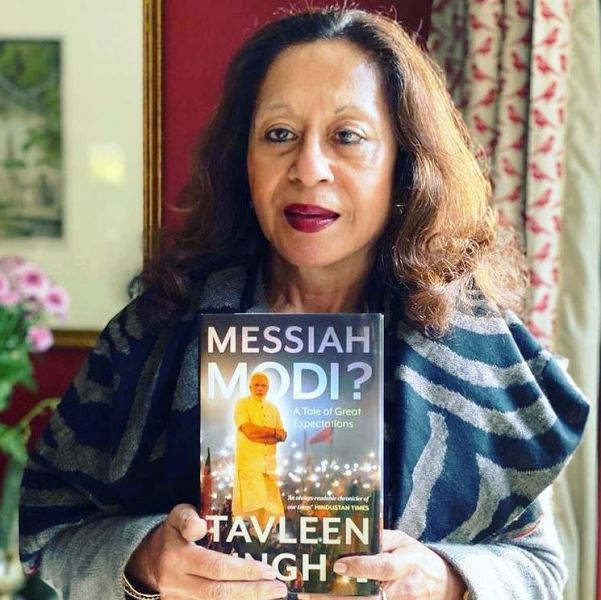 Tavleen Singh holding her book 'Messiah Modi: A Tale of Great Expectations'