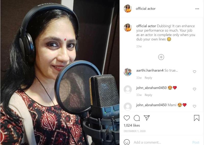 Uma Padmanabhan's Instagram post about dubbing