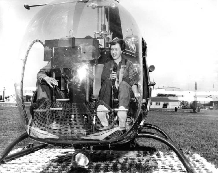Wally Funk in 1960, flying an helicopter as a college fresh out
