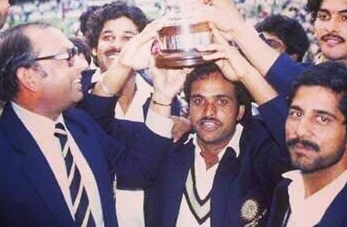 Yashpal Sharma celebrating with the Indian team with the 1983 World Cup trophy