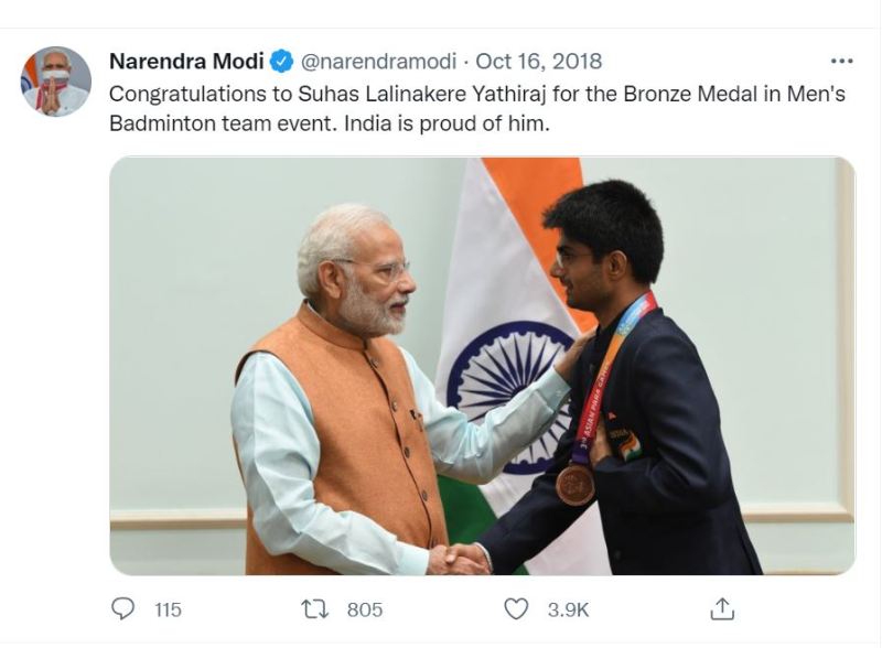 A screenshot of Narendra Modi's congratulating Tweet to Suhas in 2018