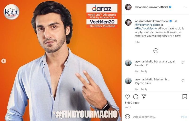 Ahsan Mohsin Ikram's Instagram post promoting Veet Men Pakistan
