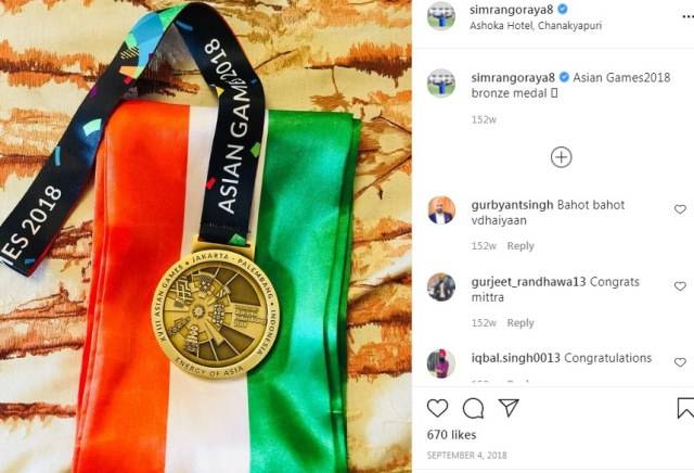 An Instagram post of Simranjeet Singh showing India's Bronze medal at the 2018 Asian Games