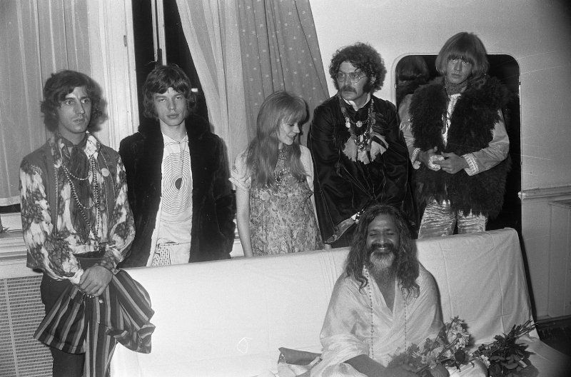 Maharishi Mahesh Yogi with (from left) Michael Cooper, Mick Jagger, Marianne Faithfull, Al Vandenberg and Brian Jones in Amsterdam, 1967