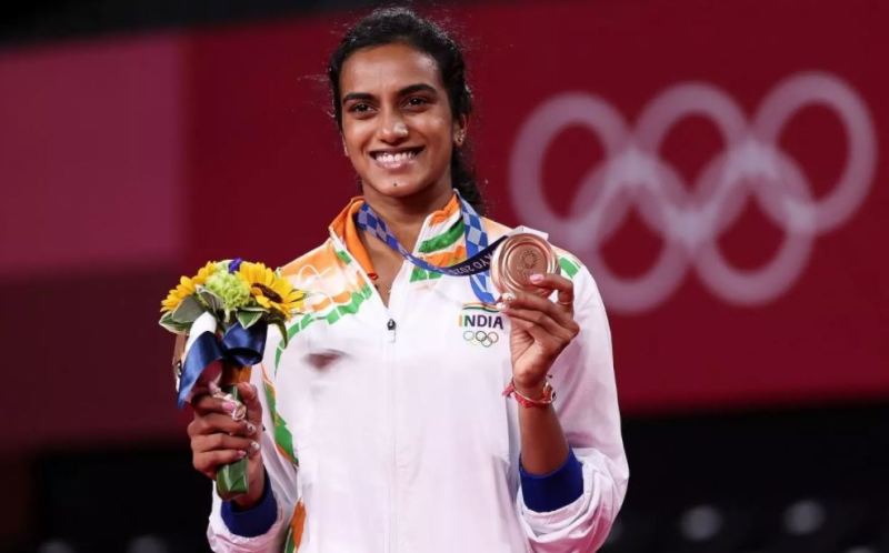 P. V. Sindhu showing her Bronze medal at the 2020 Tokyo Olympics