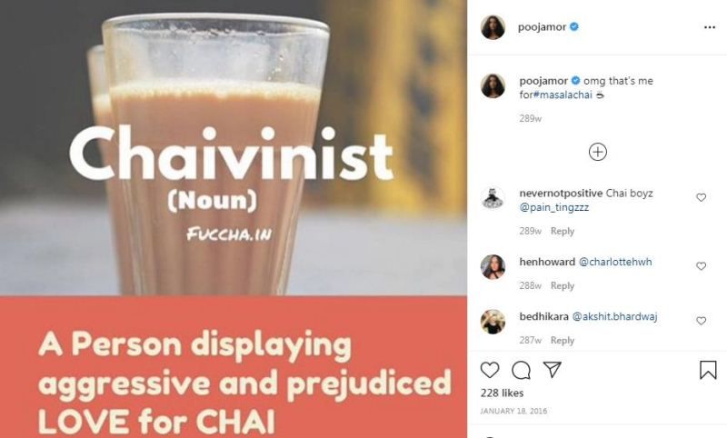 Pooja Mor`s Instagram post showing her love for tea
