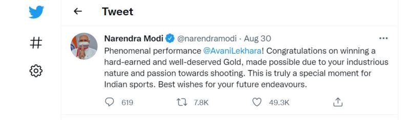 Prime Minister Narendra Modi's congratulating Tweet to Avani Lekhara