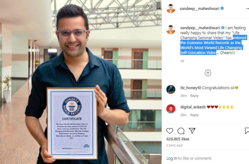 Sandeep Maheshwari's Instagram post about his 'Life Changing Seminar Video' that entered the Guinness World Records in July 2021