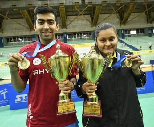 Sutirtha Mukherjee with Harmeet Desai after winning the 2019 South Asian Games