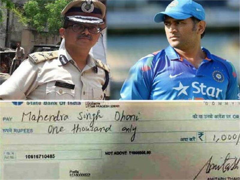The cheque issued by Amitabh Thakur to Mahendra Singh Dhoni on losing the 2015 Cricket World Cup