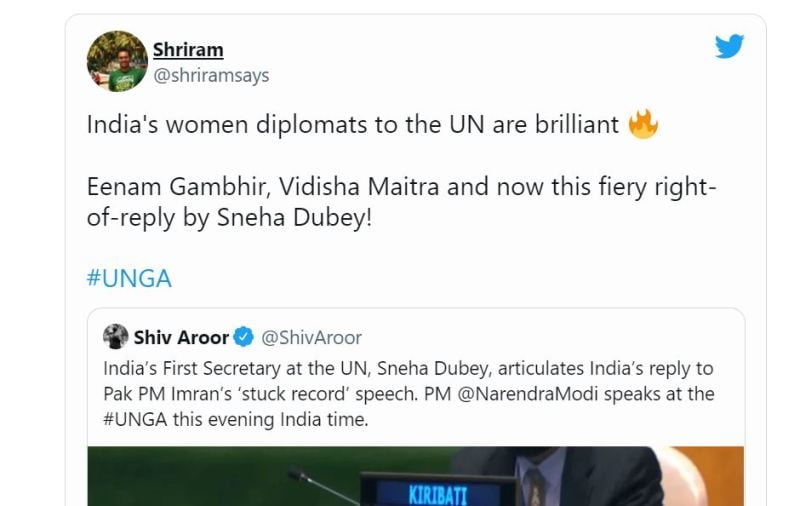 A snip of a Tweet that supported Sneha Dubey's speech at United Nations against Pakistan