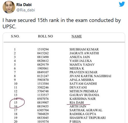 A snippet of Ria Dabi's UPSC 2020 result