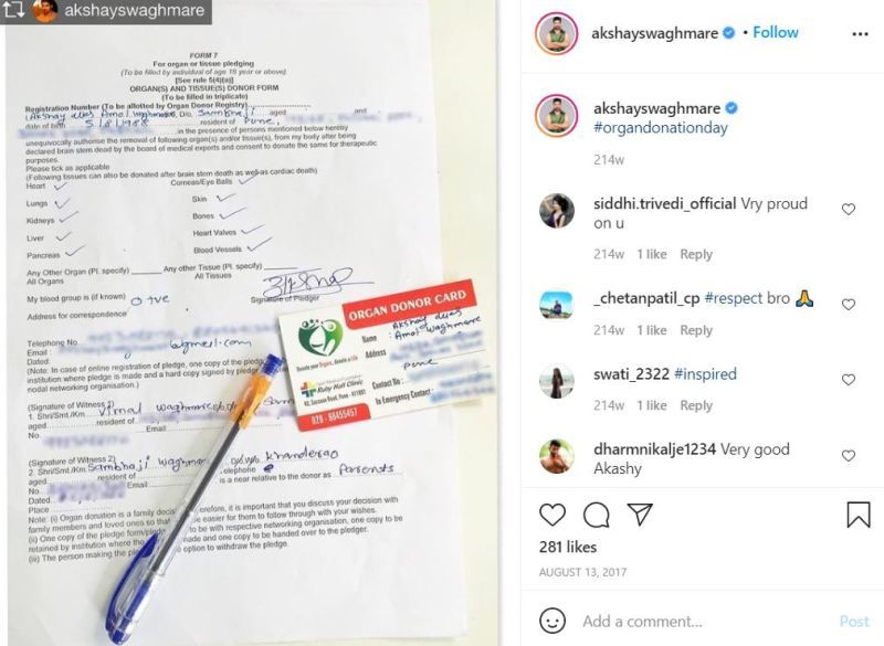Akshay Waghmare's organ donation certificate he shared on his Instagram post
