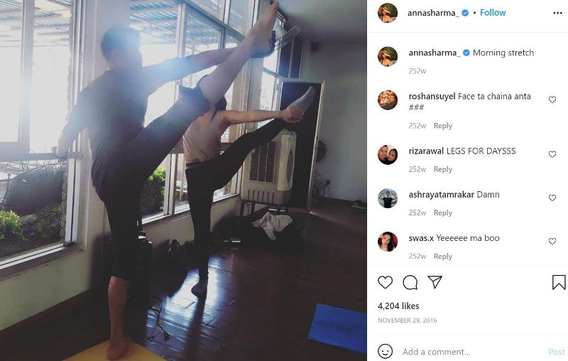 A picture Instagrammed by Anna Sharma while doing exercises at home