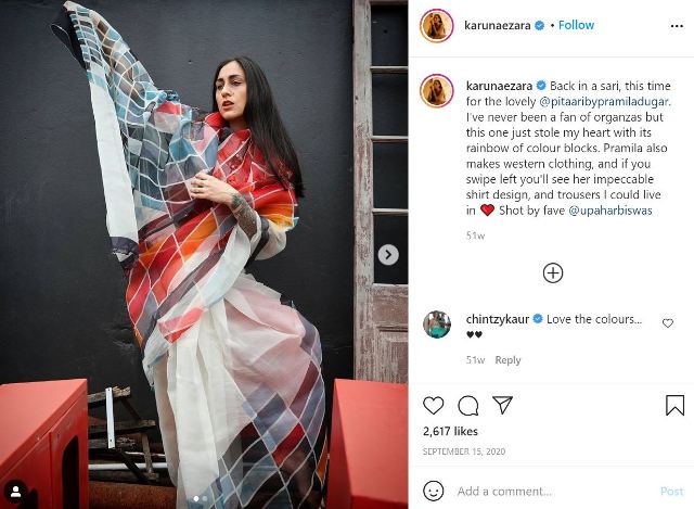 Karuna Ezara Parikh while endorsing a clothing brand on her social media account