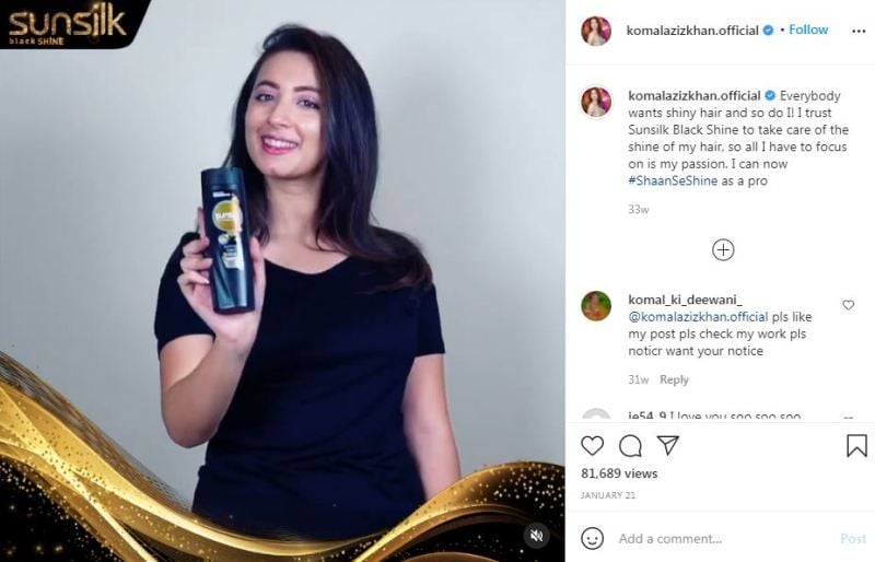 Komal Aziz Khan promoting Sunsilk brand on her Instagram account