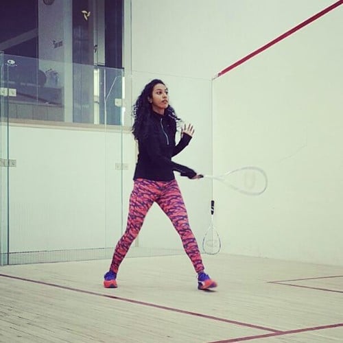 Meenal Shah playing a game of squash
