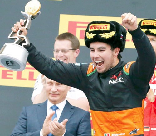 Sergio Perez celebrates his podium finish at the Russian Grand Prix