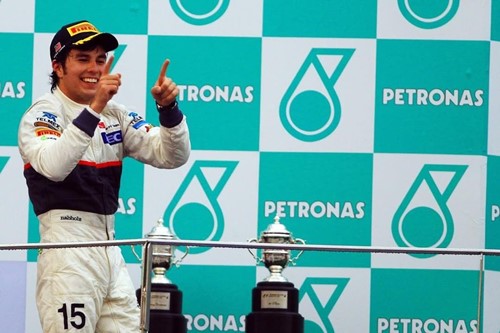 Sergio Perez celebrates after finishing second in the 2012 Malaysian Grand Prix