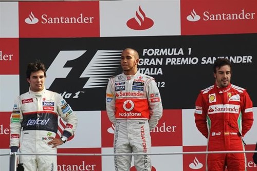 Sergio Perez (left) with Lewis Hamilton (center) and Fernando Alonso (right)