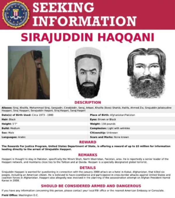 The FBI poster of Sirajuddin Haqqani